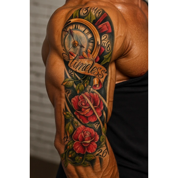 Geçici Saat ve Gül Desen Dövme Tattoo