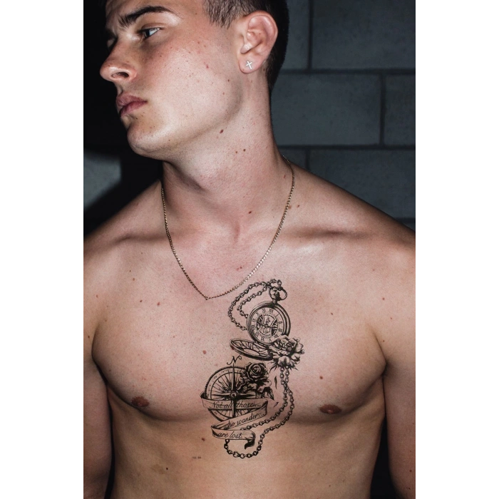 Gerçekçi Geçici Pusula ve Köstekli Saat Dövme Tattoo