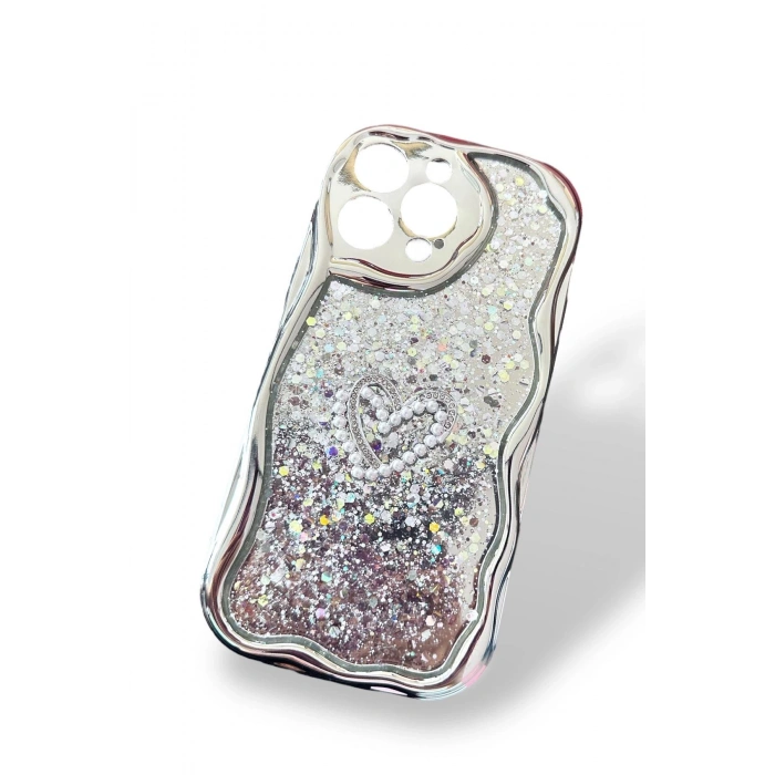 Gri Renk Kalp Figürlü Sim Detaylı 14 Pro Max Telefon Kılıfı