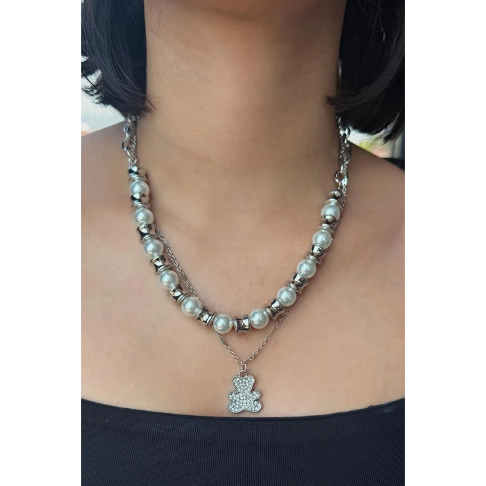 Gümüş Renk Ayı Figürlü İnci Detaylı  Çoklu Kolye