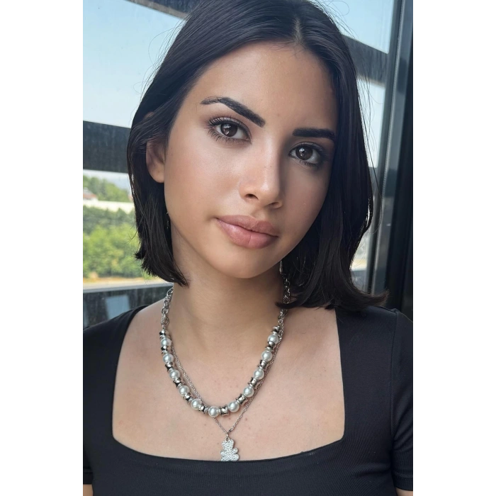 Gümüş Renk Ayı Figürlü İnci Detaylı  Çoklu Kolye