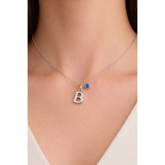 Gümüş Renk B Harf Çelik Kolye
