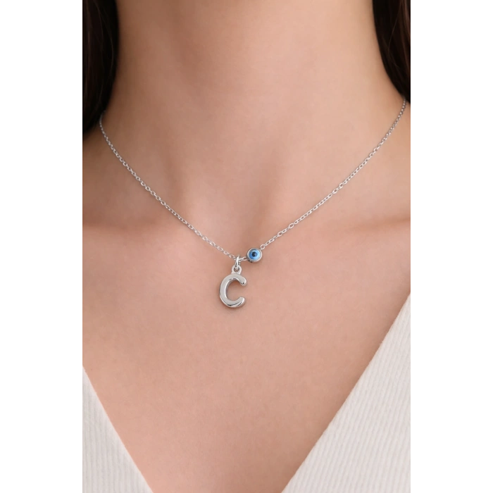 Gümüş Renk C Harf Çelik Kolye