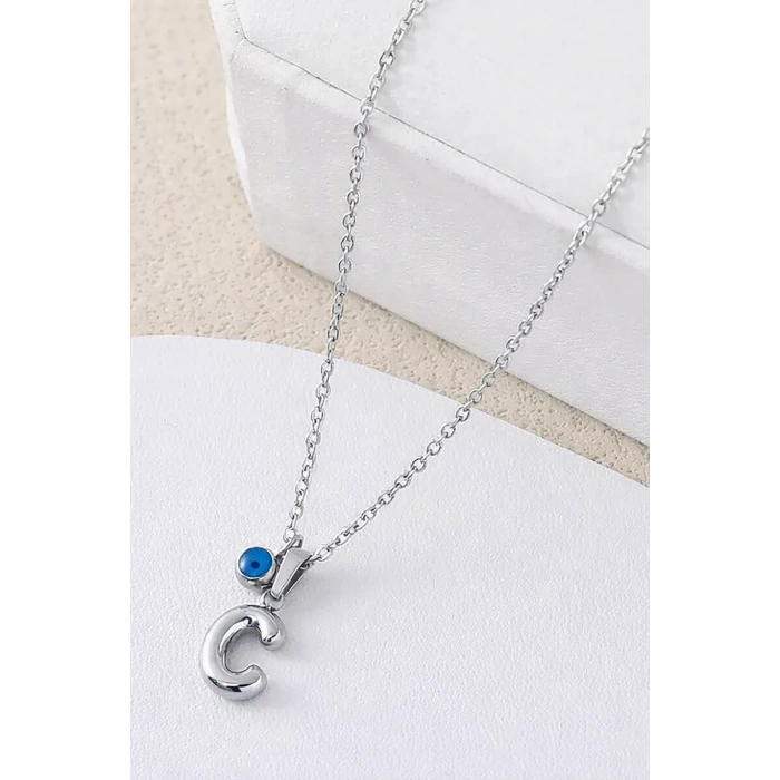 Gümüş Renk C Harf Çelik Kolye