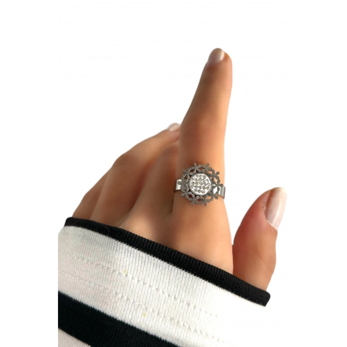 Gümüş Renk Çiçek Detaylı Çelik Ayarlanabilir Yüzük