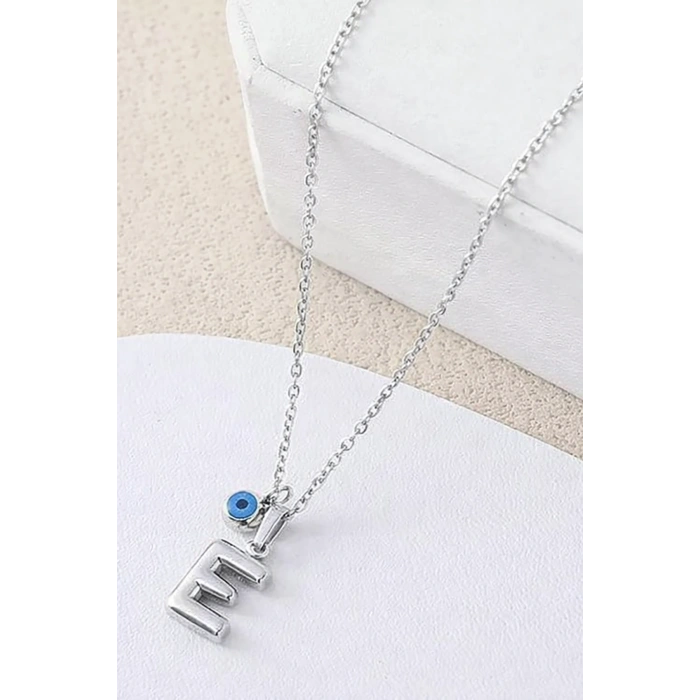 Gümüş Renk E Harf Çelik Kolye