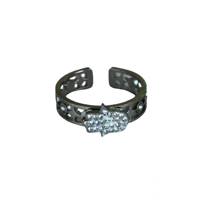 Gümüş Renk El Detaylı Ayarlanabilir Çelik Yüzük