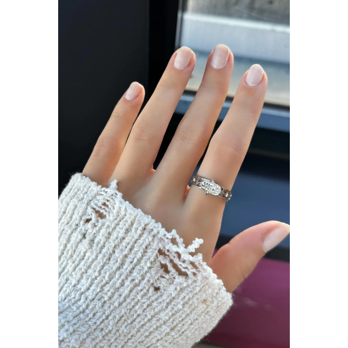 Gümüş Renk El Detaylı Ayarlanabilir Çelik Yüzük