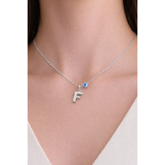 Gümüş Renk F Harf Çelik Kolye