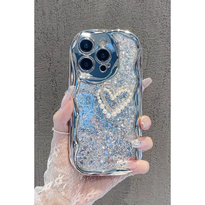 Gümüş Renk Kalp Figürlü Sim Detaylı 13 Pro Max Telefon Kılıfı