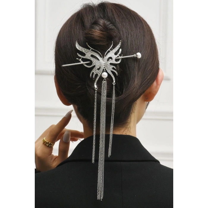 Gümüş Renk Kelebek Figürlü Taşlı Sallantılı Topuz Toka