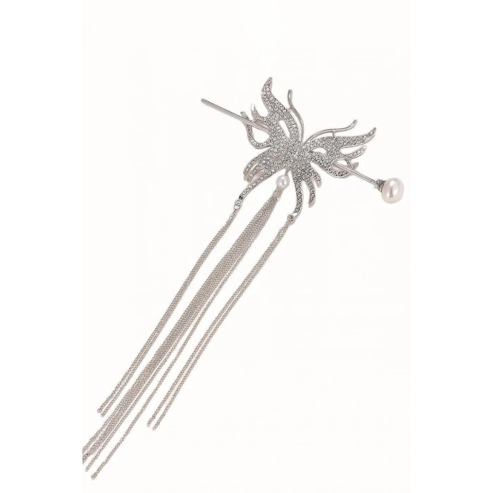 Gümüş Renk Kelebek Figürlü Taşlı Sallantılı Topuz Toka