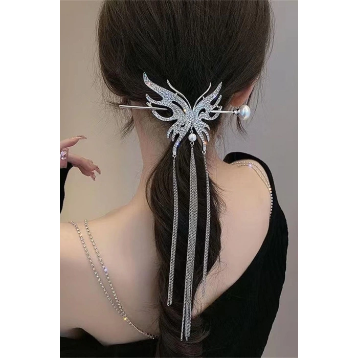 Gümüş Renk Kelebek Figürlü Taşlı Sallantılı Topuz Toka