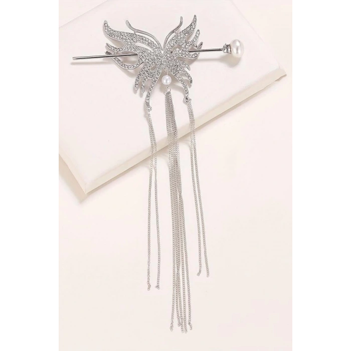 Gümüş Renk Kelebek Figürlü Taşlı Sallantılı Topuz Toka