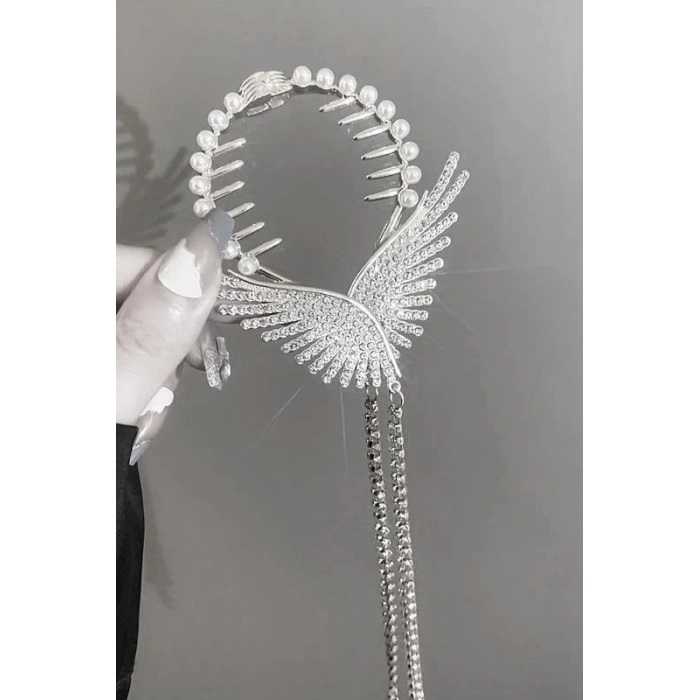 Gümüş Renk Melek Kanadı Figürlü İnci Ve Taş Detaylı Topuz Toka