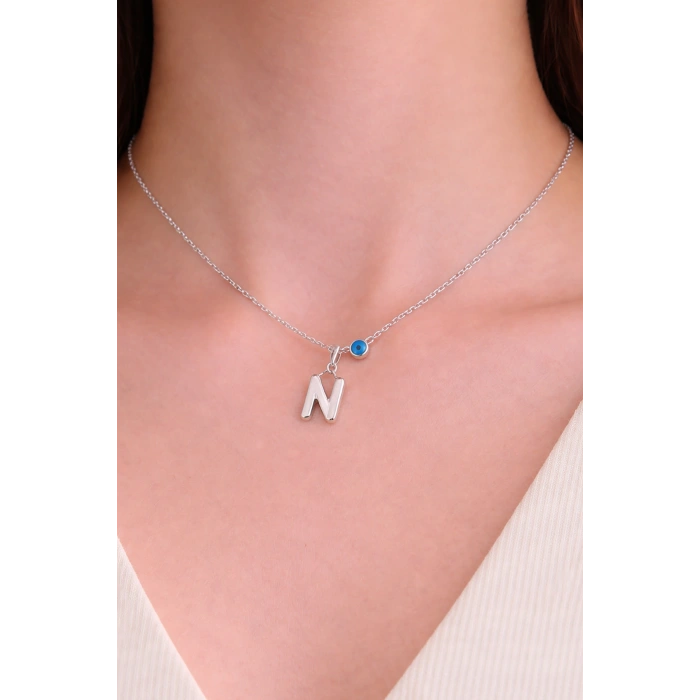 Gümüş Renk N Harf Çelik Kolye