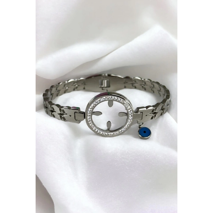 Gümüş Renk Nazar Boncuk Figürlü Çelik Kelepçe Bileklik
