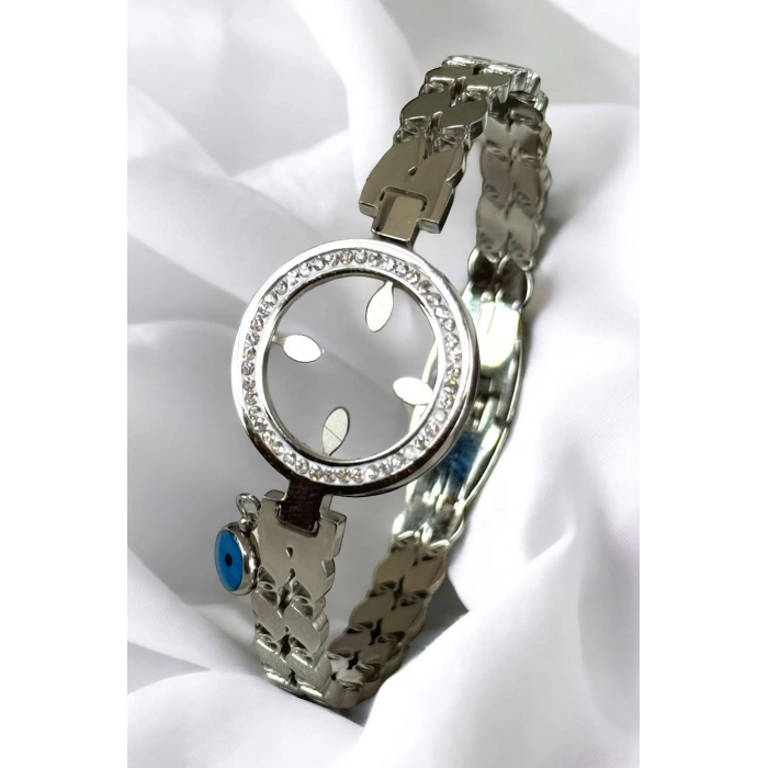 Gümüş Renk Nazar Boncuk Figürlü Çelik Kelepçe Bileklik