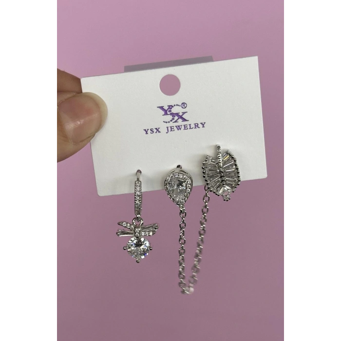 Gümüş Renk Taş Detaylı VİP 3lü YSX Küpe Set