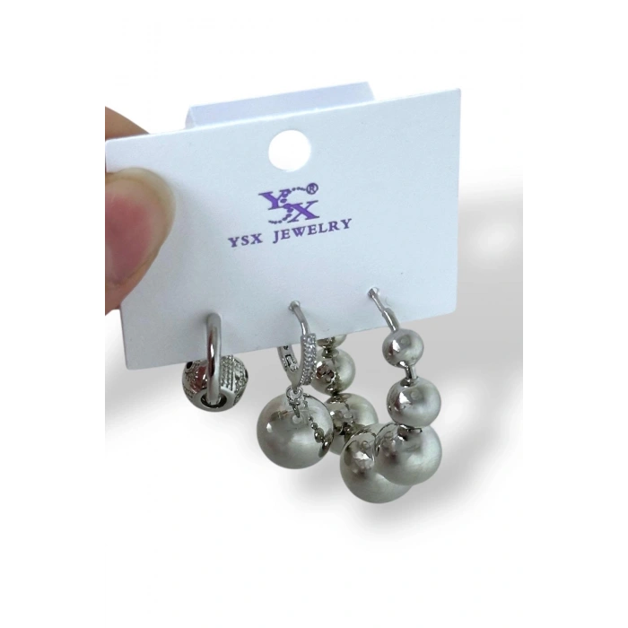 Gümüş Renk Top Detaylı VİP 3lü YSX Küpe Set