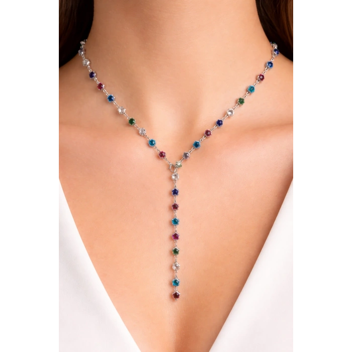 Gümüş Renk Yıldız Figürlü Taş Detaylı Çelik Y Kolye