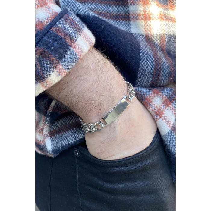 Gümüş Renk Zincir Detaylı Çelik Bileklik (Unisex)