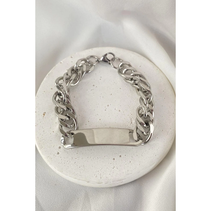 Gümüş Renk Zincir Detaylı Çelik Bileklik (Unisex)