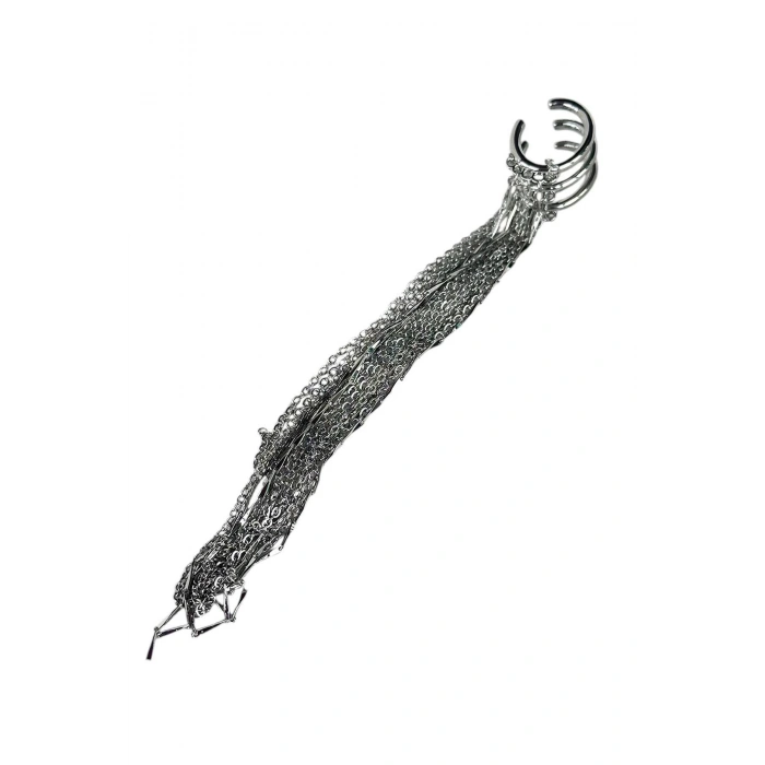 Gümüş Renk Zincir Detaylı Sallantılı Ear Cuff (Tek)