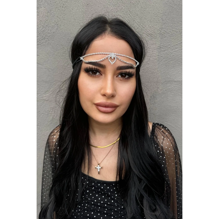 Gümüş Renk Alınlık, Kristal Taşlı Saç Aksesuarı, Gelin Tacı, Nişan Nikah Kına Saç Aksesuarı