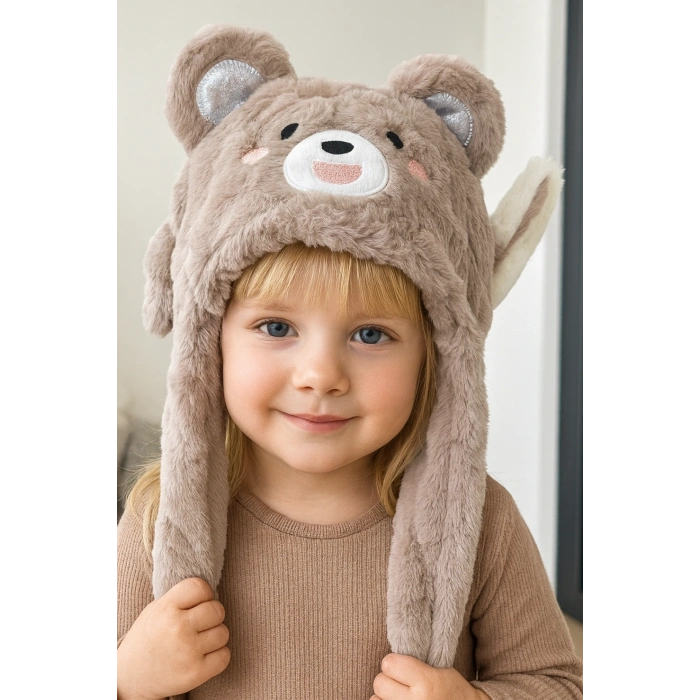 Kahverengi Ayıcık Figürlü Kulakları Oynayan Peluş Şapka