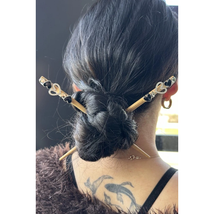 Kahverengi Kalp Figürlü İkili Topuz Tokası/ Kalemi