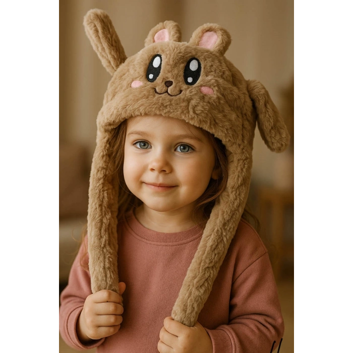 Kahverengi Tavşan Figürlü Kulakları Oynayan Peluş Şapka