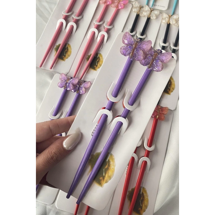 Karışık Renk 12li Kelebek Figürlü Topuz Kalemi