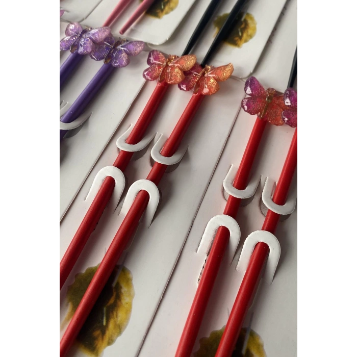 Karışık Renk 12li Kelebek Figürlü Topuz Kalemi