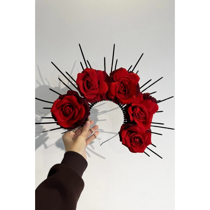 Kırmızı Renk Çiçek Detaylı Gelin/Kına Tasarım Taç