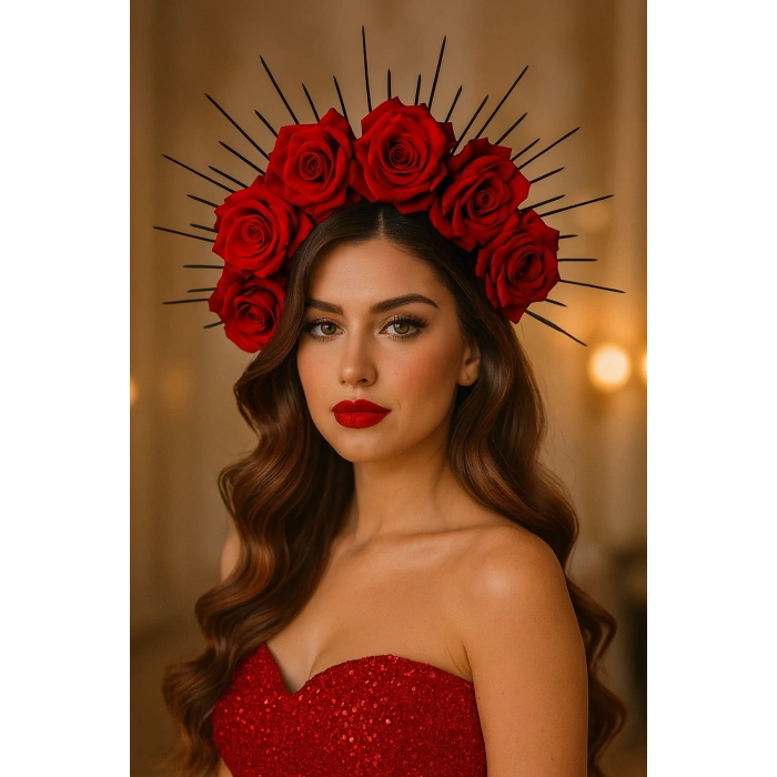 Kırmızı Renk Çiçek Detaylı Gelin/Kına Tasarım Taç