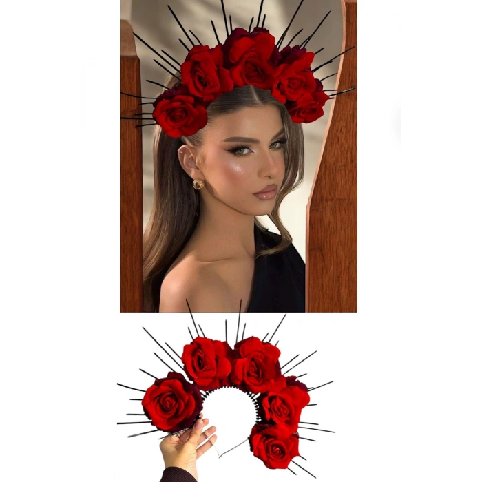 Kırmızı Renk Çiçek Detaylı Gelin/Kına Tasarım Taç