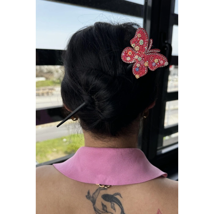 Kırmızı Renk Kelebek Figürlü Topuz Tokası/Topuz Kalemi