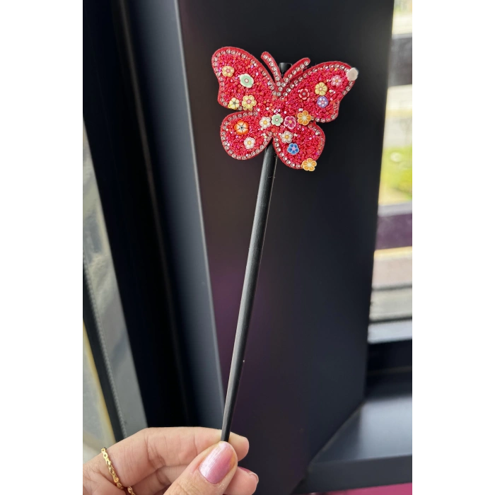 Kırmızı Renk Kelebek Figürlü Topuz Tokası/Topuz Kalemi