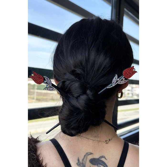 Kırmızı Renk Lale Figürlü Taş Detaylı Topuz Tokası/ Kalemi