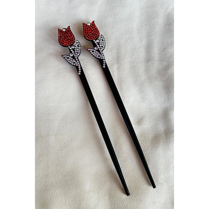Kırmızı Renk Lale Figürlü Taş Detaylı Topuz Tokası/ Kalemi