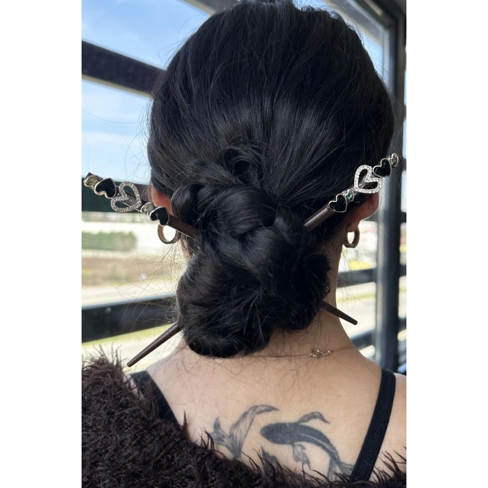 Koyu Kahve Renk Kalp Figürlü İkili Topuz Tokası/ Kalemi