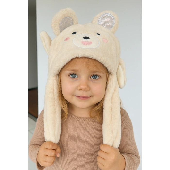 Krem Renk Ayıcık Figürlü Kulakları Oynayan Peluş Şapka