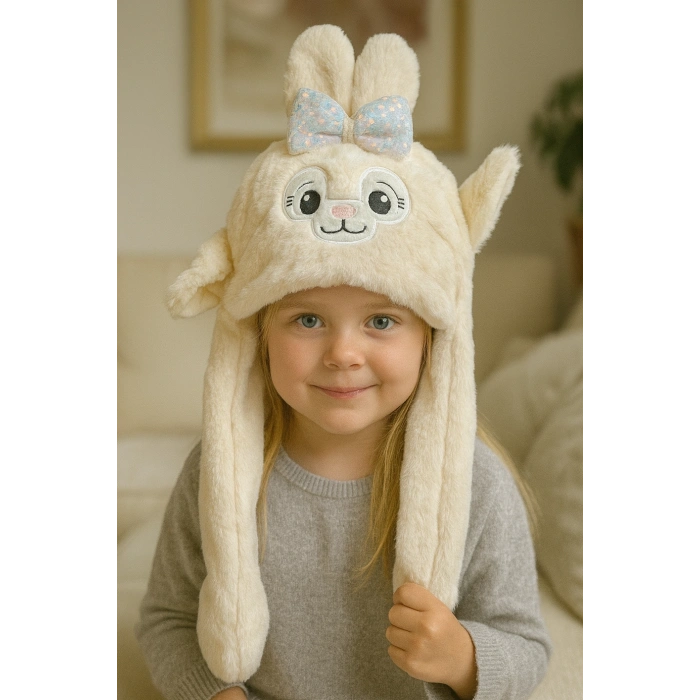 Krem Renk Tavşan Figürlü Kulakları Oynayan Peluş Şapka