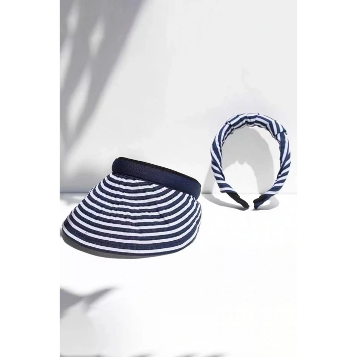 Lacivert Ve Beyaz Renk Katlanabilir Güneşlik  Şapka/Taç