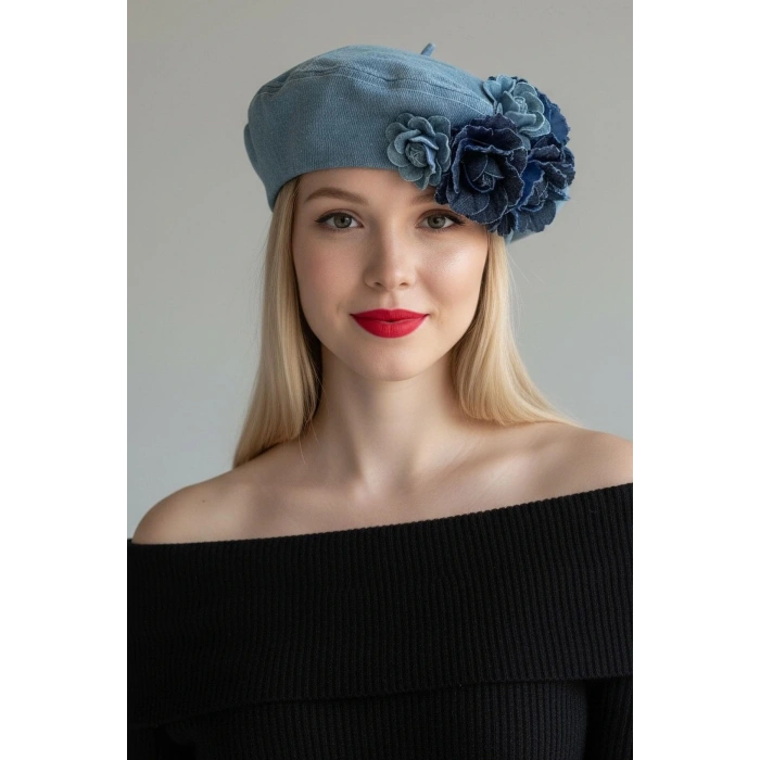 Mavi Renk Çiçek Figürlü Kot Tasarım Şapka