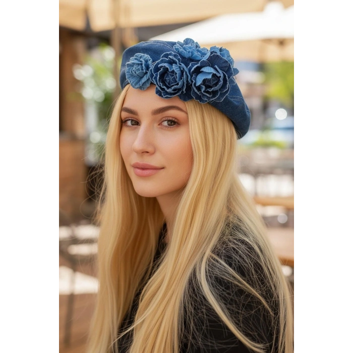 Mavi Renk Çiçek Figürlü Kot Tasarım Şapka