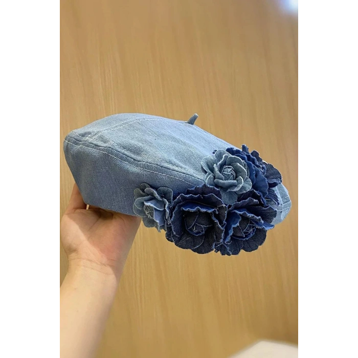 Mavi Renk Çiçek Figürlü Kot Tasarım Şapka