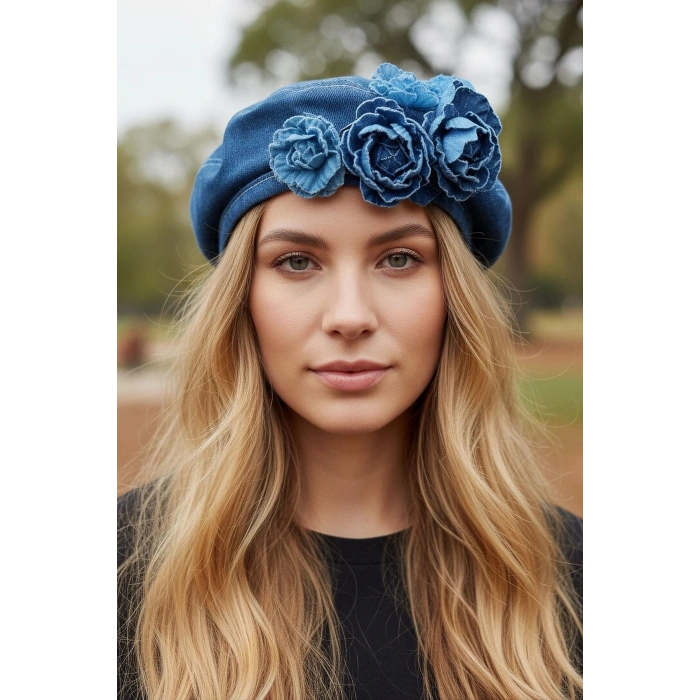 Mavi Renk Çiçek Figürlü Kot Tasarım Şapka