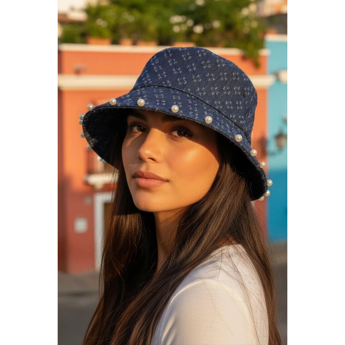 Mavi Renk İnci Detaylı Kot Tasarım Şapka